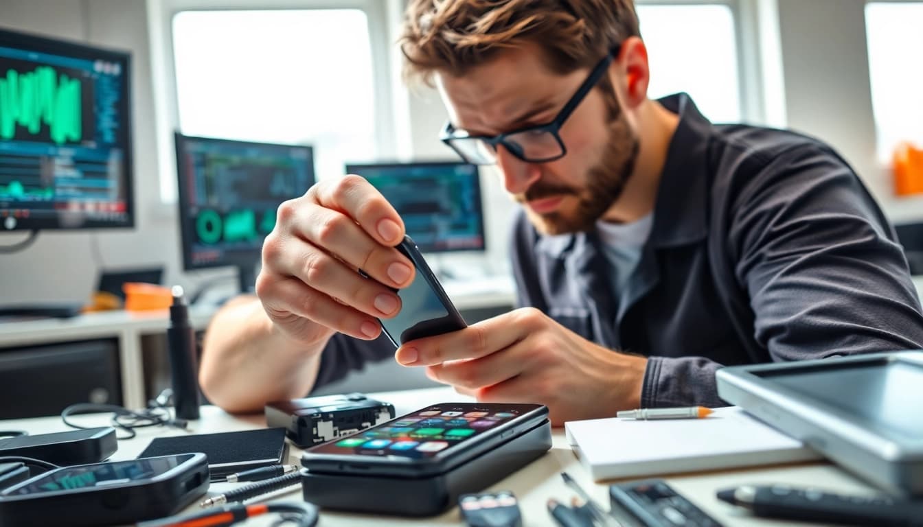 Prośba o reset telefonu na stanowisku technicznym z narzędziami w tle.
