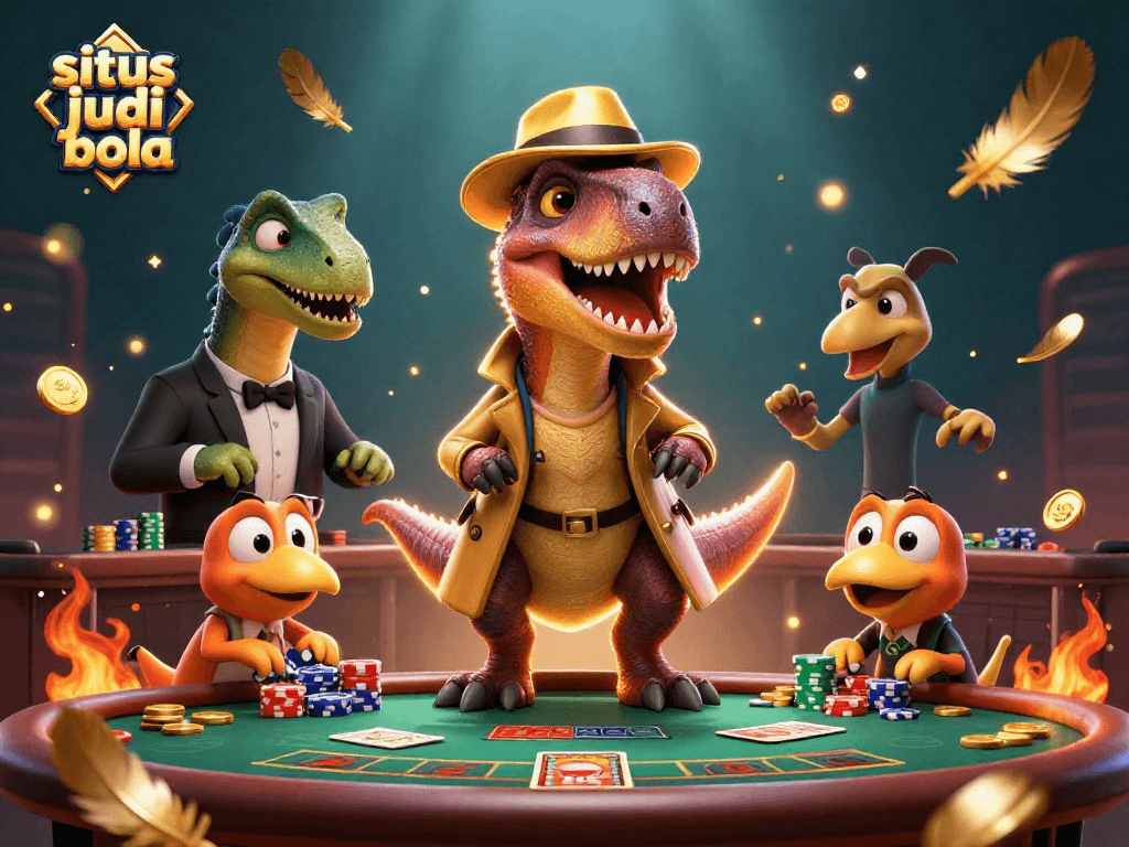 Experience situs judi bola excitement with a cartoon velociraptor at a blackjack table under dramatic effects.