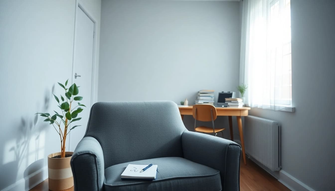 Visual representation of anxiety symptoms in a therapy setting with calming elements.