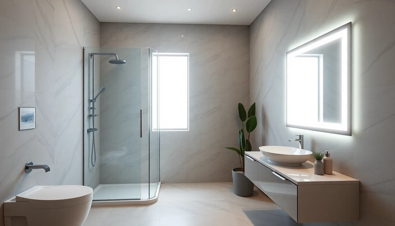 Aménagez votre salle de bain avec sirhona, une cabine de douche moderne et miroir LED.
