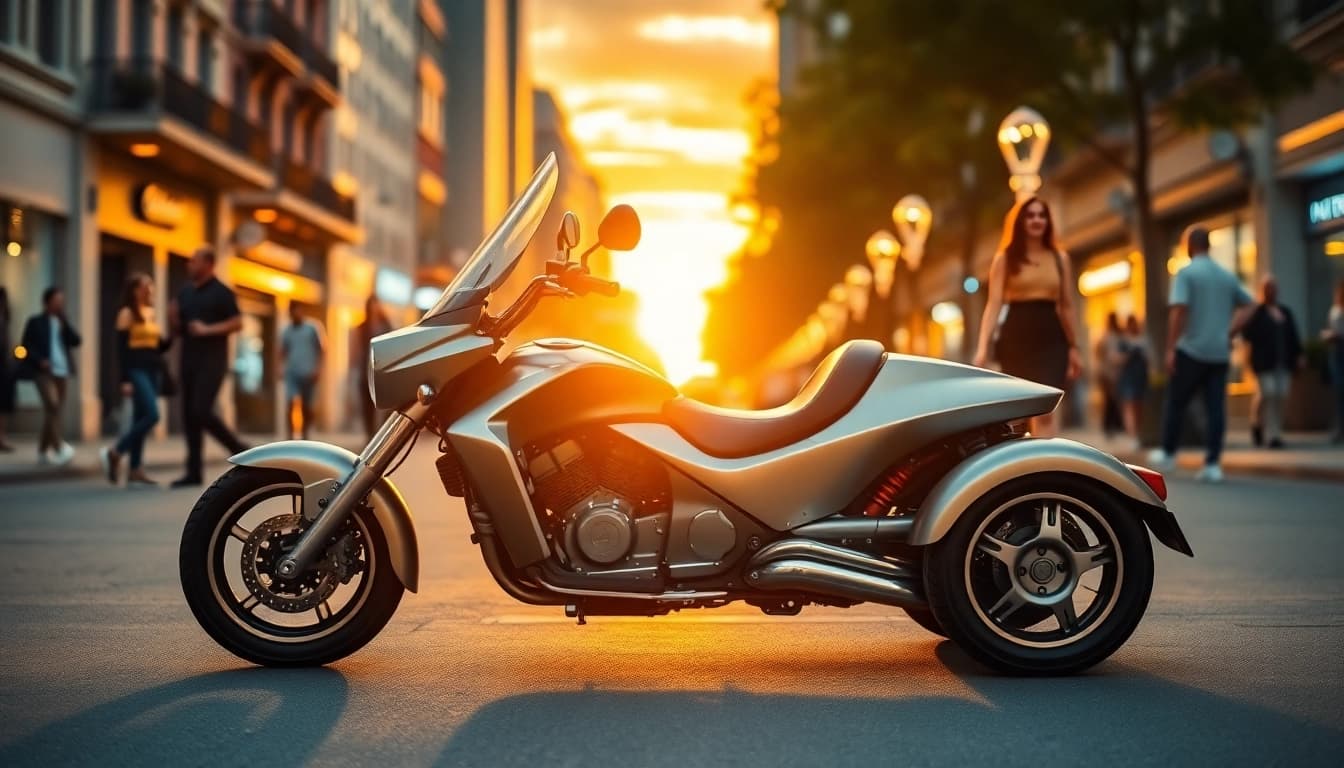 Showcasing cheap street legal three wheeler trikes parked on a vibrant city street during sunset.