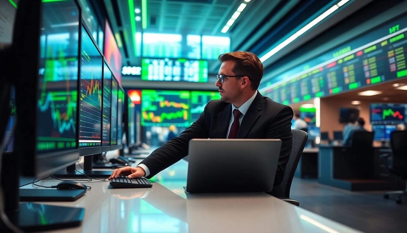 Monitor displaying IBKR stock price analysis with a dedicated trader monitoring the market.