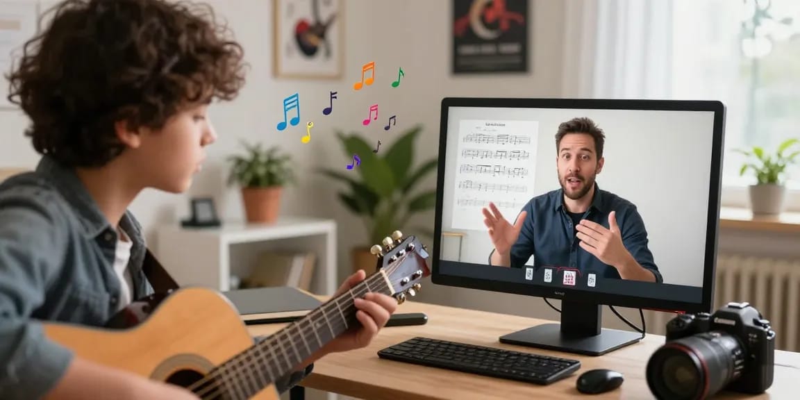 Dynamic Zoom Guitar Lessons with a certified instructor and engaged student in a bright, interactive learning environment.