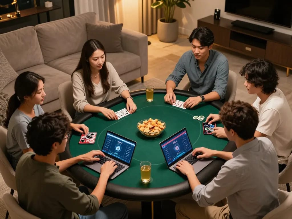 Friends enjoy online poker at home, strategizing gameplay with laptops featuring 888top interface