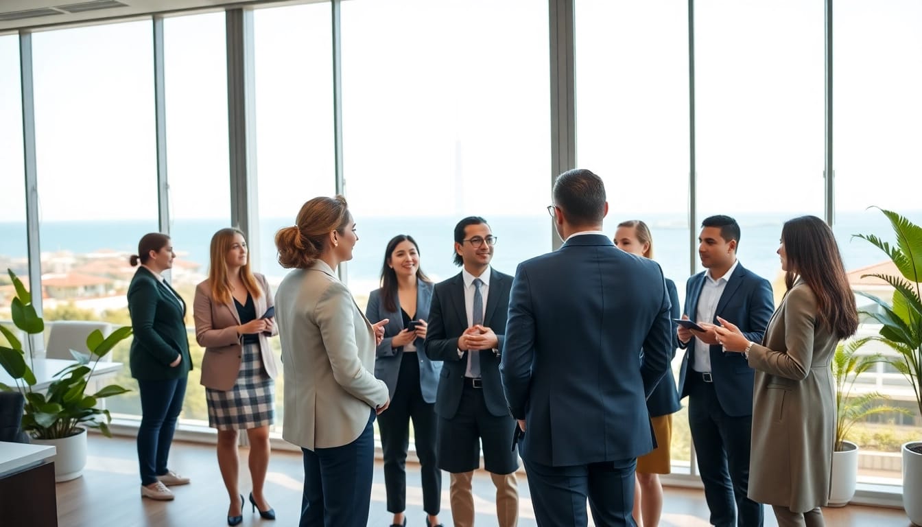 Showcasing real estate alanya agents assisting clients in a modern office setting.
