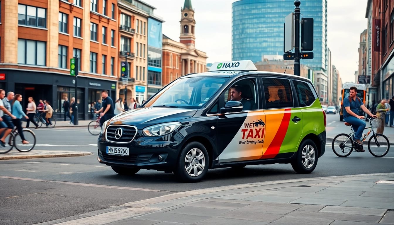 Feature a reliable West bridgford Taxi parked amid a bustling urban environment, emphasising community activity.