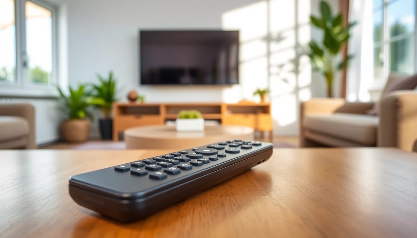 Panasonic Fernbedienung TX-39 auf einem eleganten Couchtisch in einem sonnendurchfluteten Wohnzimmer.