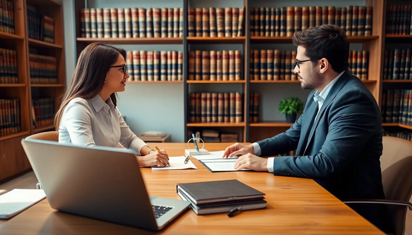 Engaged couple discussing Family Law Financial Agreements with a legal expert in a cozy office.
