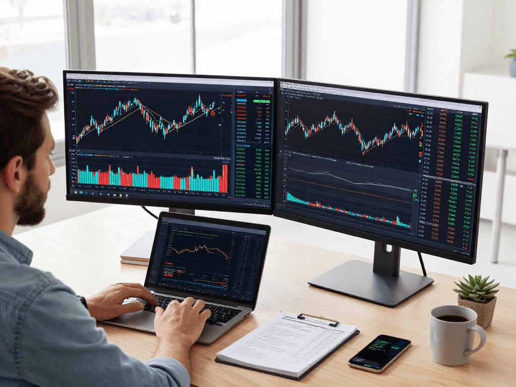 TradingView charts on dual monitors in a modern trading workspace, highlighting financial analysis tools and market data.