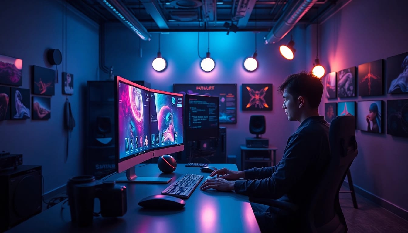 AI NSFW image generation in a futuristic tech studio with vibrant visuals and an artist at work.