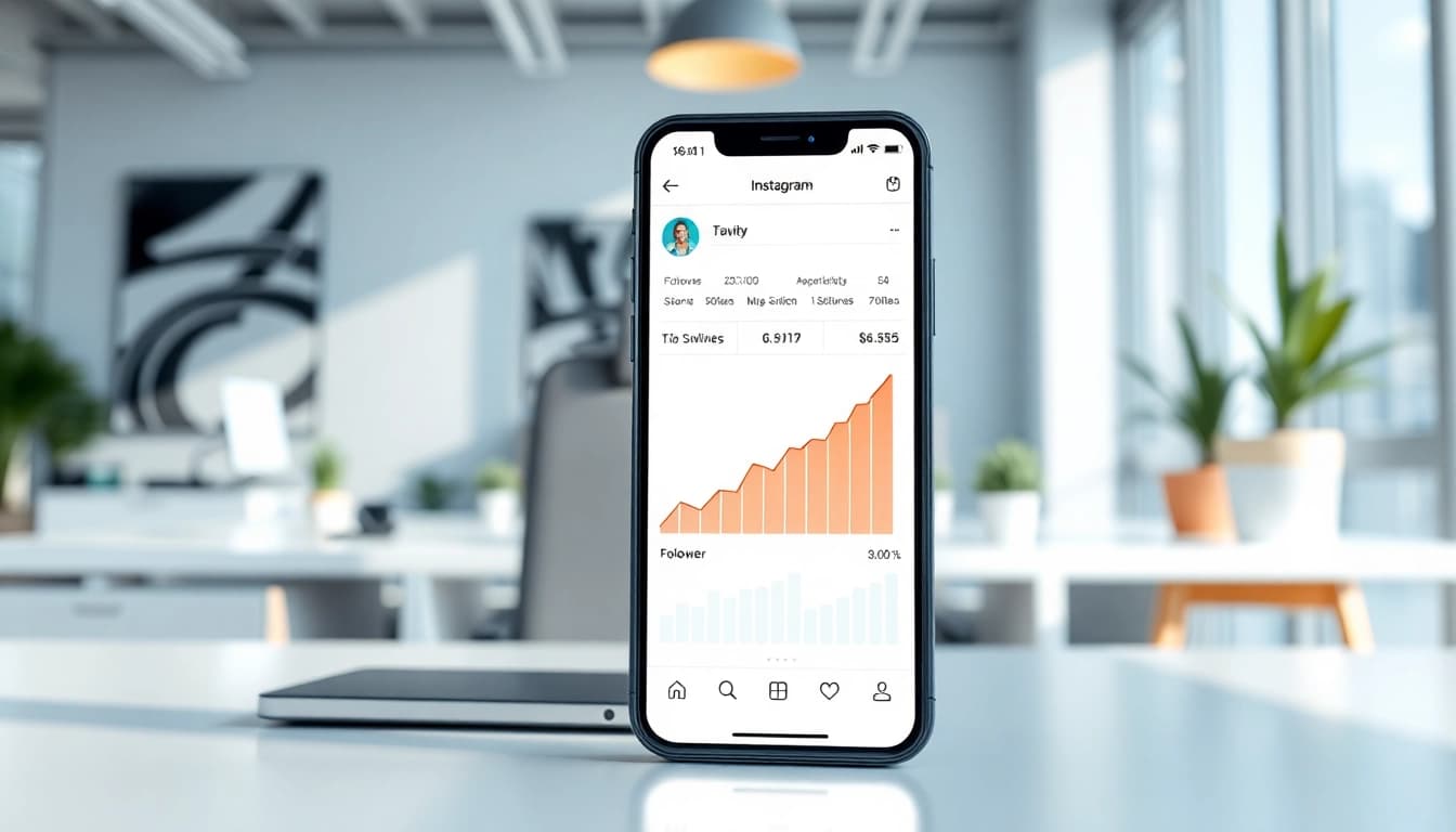 フォロワー 買う インスタの成長を示すスマホを持つビジネスシーン。