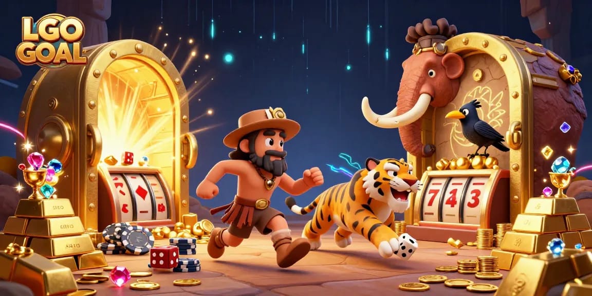 Engage with LGO GOAL at this vibrant prehistoric casino scene, full of treasure and excitement.