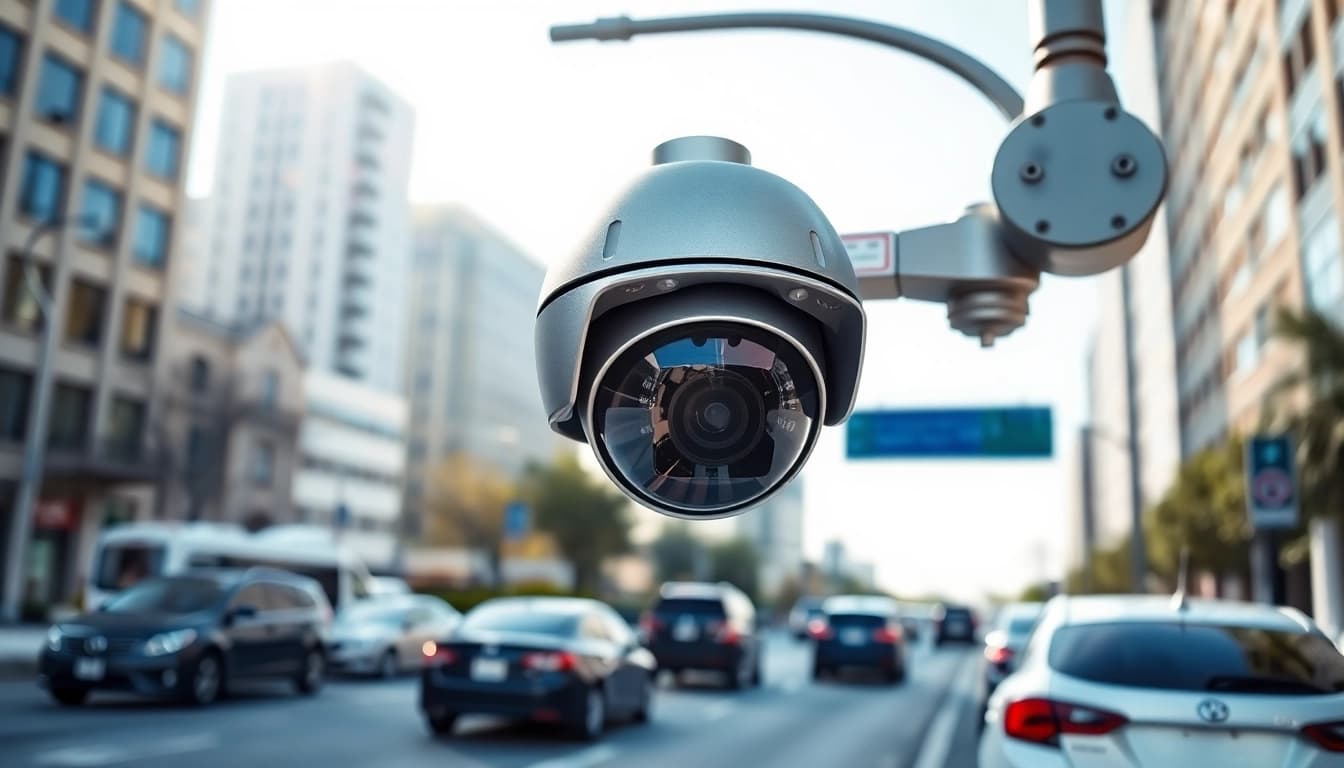 A high-quality license plate recognition camera captures vehicles on a busy street.