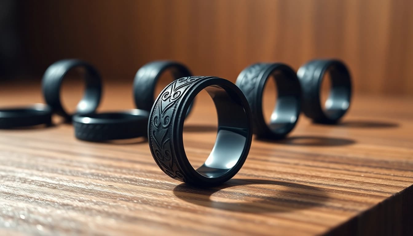 Stunning Black Zirconium Rings showcased beautifully with intricate designs under warm lighting.