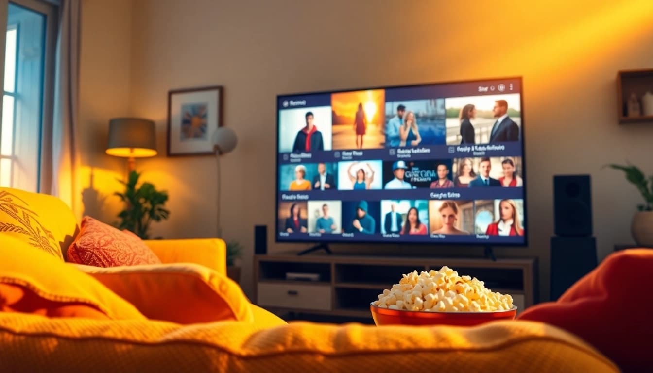 Watch full episodes online in a cozy living room setting with a flat-screen TV displaying scenes from popular series.