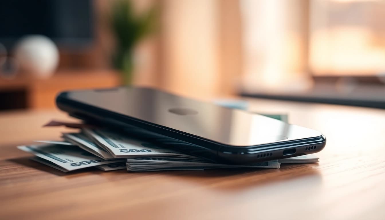 Sell your phone with ease as cash and a smartphone are depicted on a stylish desk.