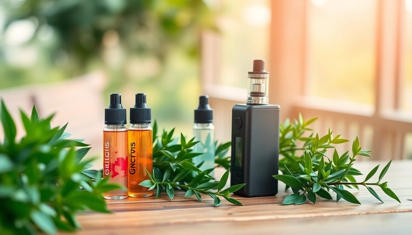 Vape ohne nikotin auf einem Tisch mit bunten E-Liquids und Pflanzen für gesunde Optionen.