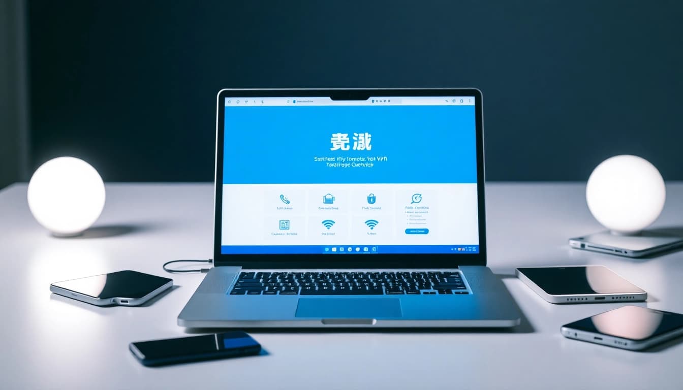 快连官网 interface on a sleek laptop with tech gadgets showcasing VPN features.