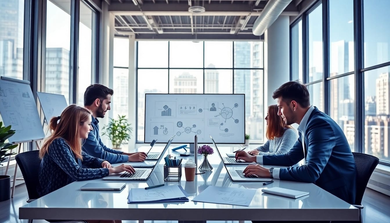 Web design company team creating innovative digital solutions in a modern workspace.