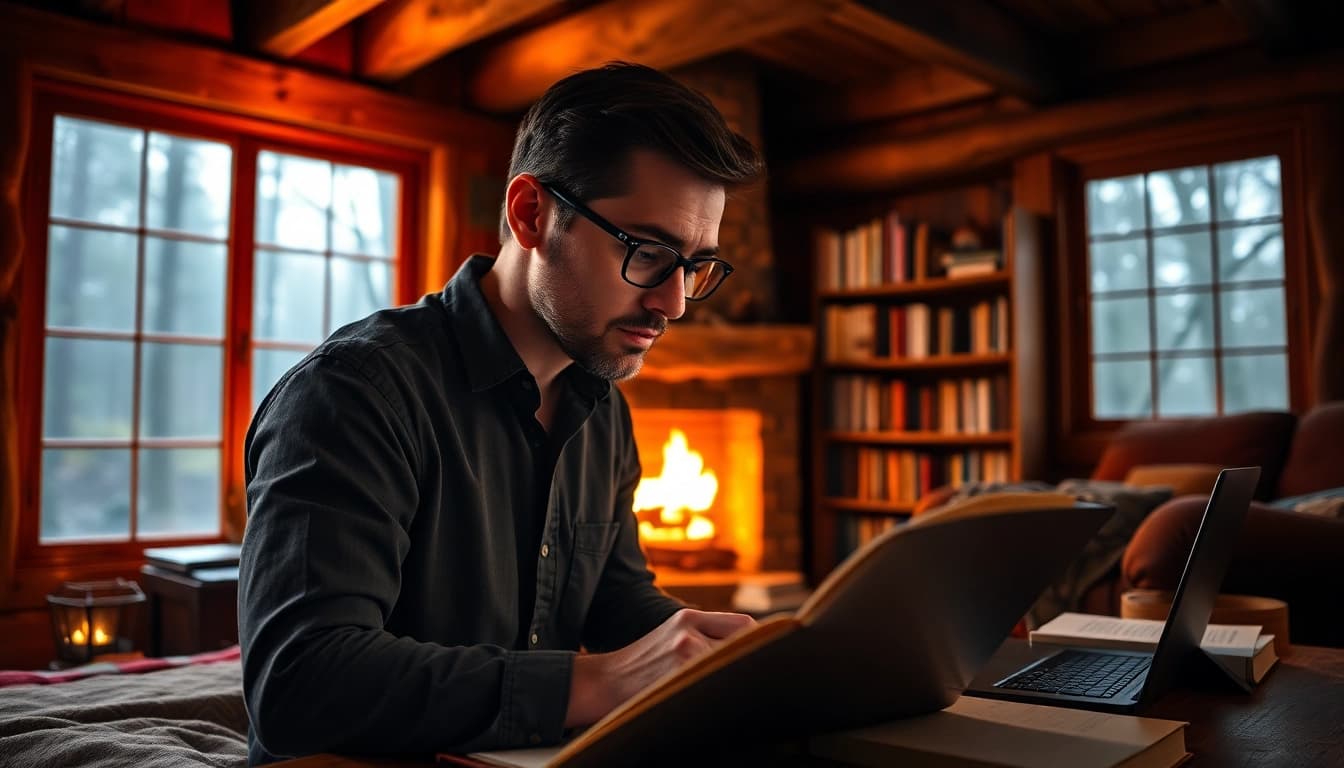Thriller author in a cozy cabin setting, deeply focused on writing inspired by the environment.