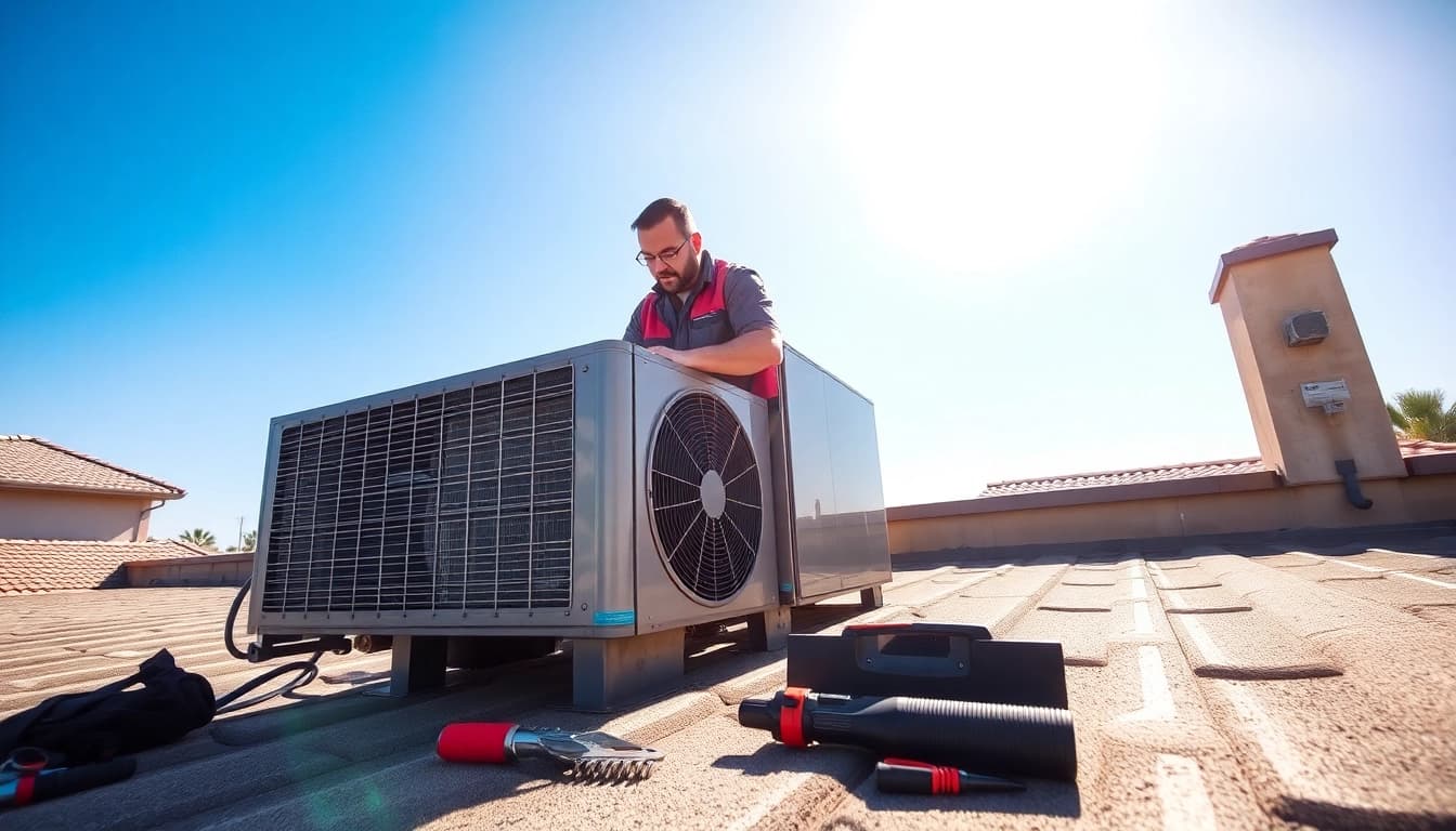 Expert AC repair service in Mesa, AZ, showcasing a technician working on an air conditioning unit.