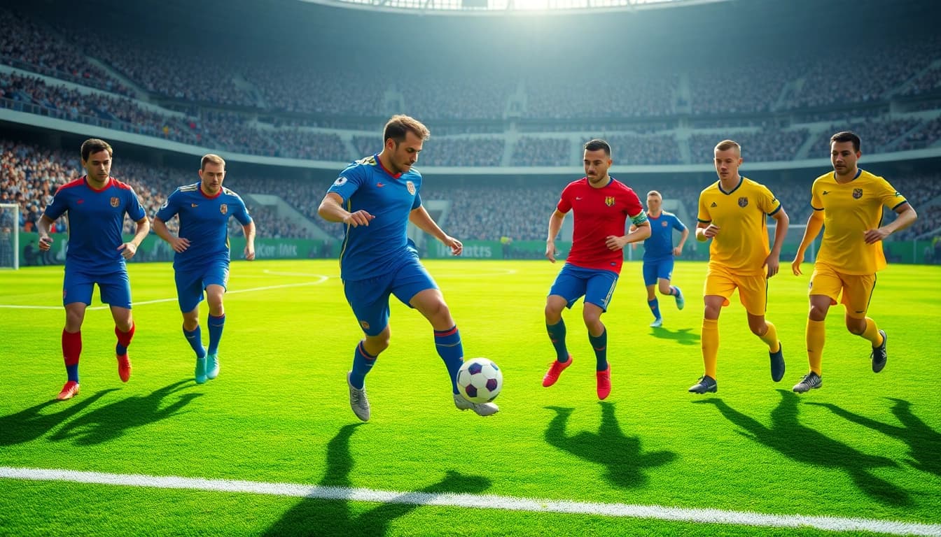 Showcasing players in vibrant cheap football kits energetically playing on a soccer field.