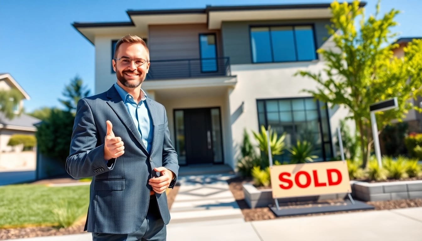 Real Estate agent presenting a modern house with an inviting atmosphere in a vibrant neighborhood.