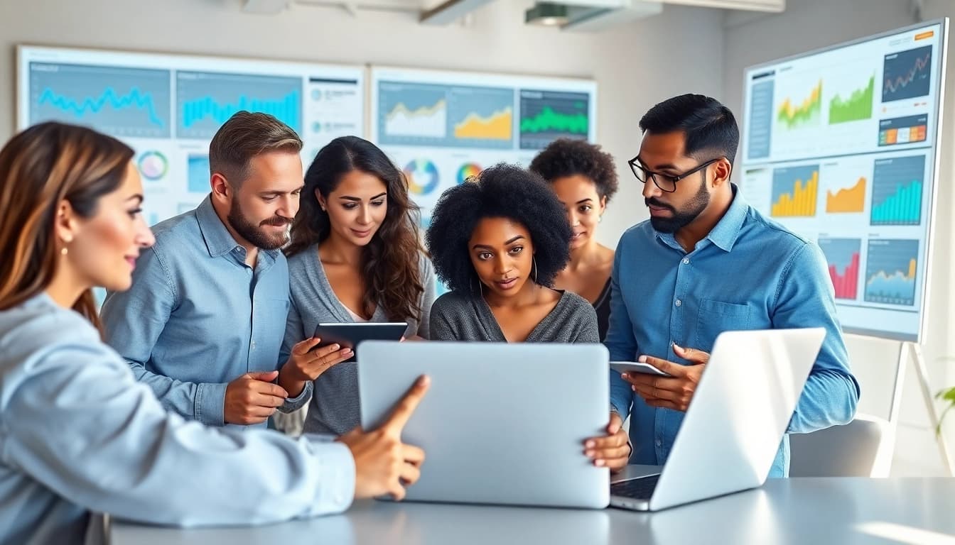 Showcasing enterprise search platforms, a team analyzes data in a modern office setting with digital screens.