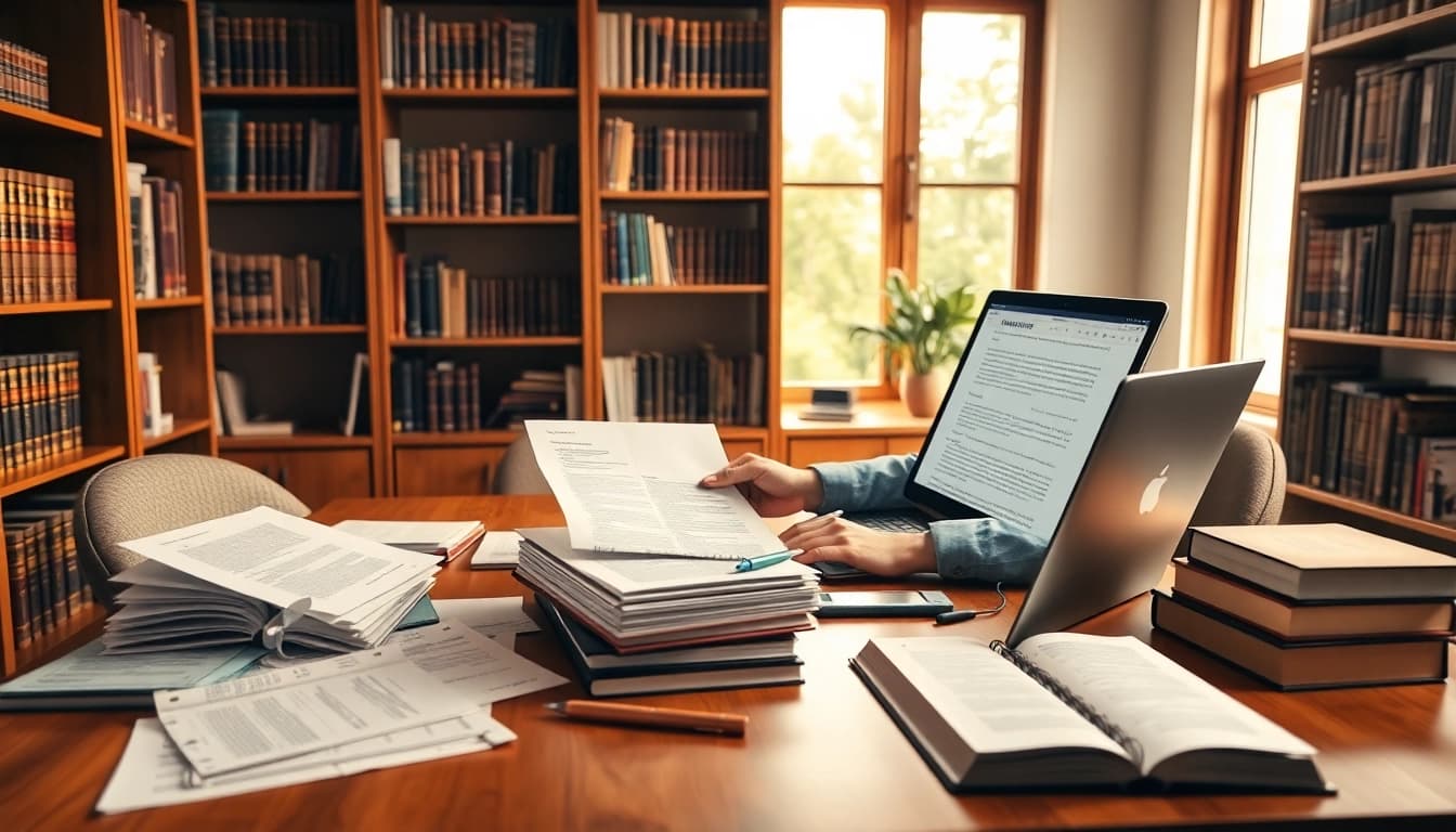 Tradutor juramentado working on legal translations in a professional office setting.