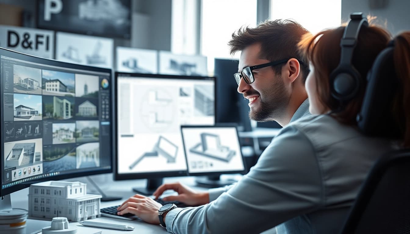 3D Visualisierung erstellen durch einen Designer an Computer mit Architekturelementen im Hintergrund.