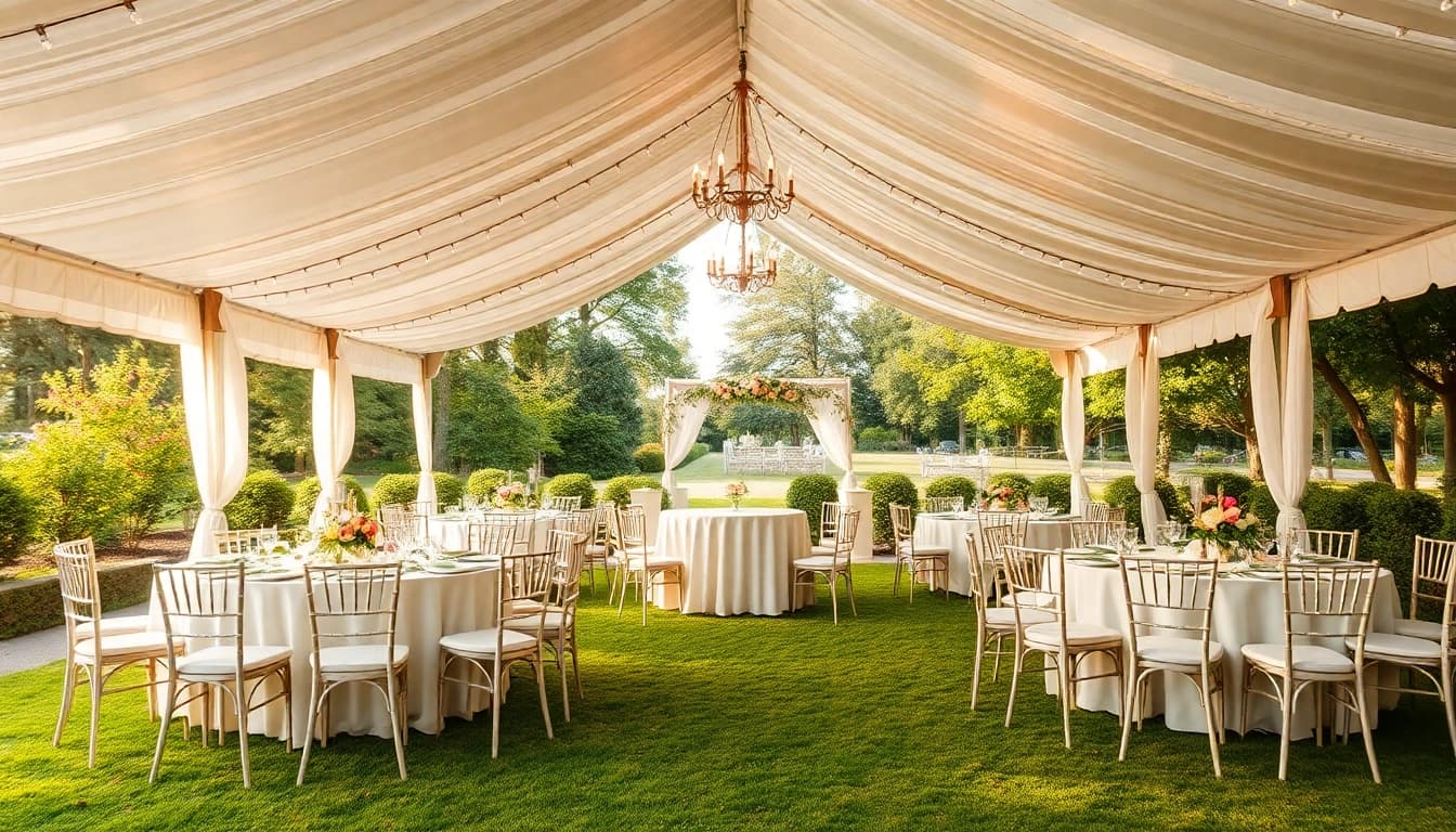 Showcase Wedding Tent Chair & Table Rentals in a stunning outdoor event setup with floral decor.