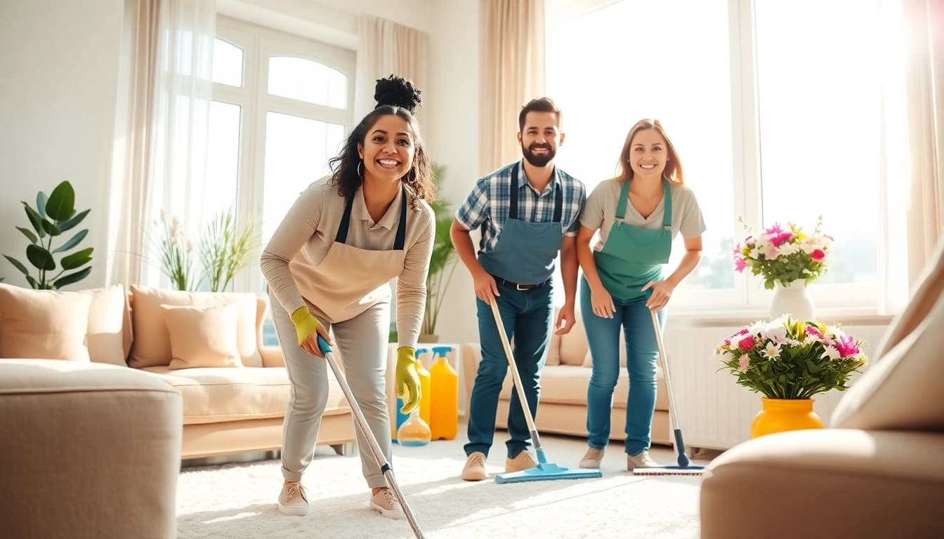 Cleaning Service professionals performing thorough cleaning in a bright, welcoming living room.
