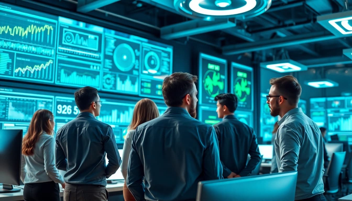 Technology team collaborating in a futuristic office environment showcasing innovative solutions.