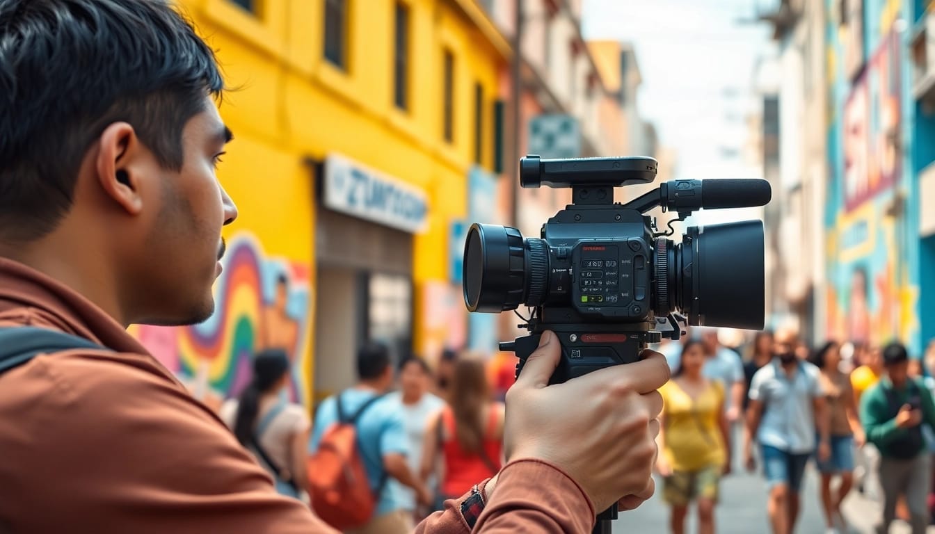 Videographer filming an urban scene, showcasing their skills in a vibrant environment.