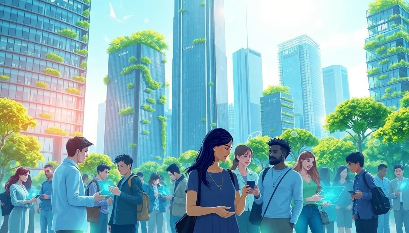 Visualize the impact of technology at https://mohamedmmblog.tech with a vibrant future cityscape.