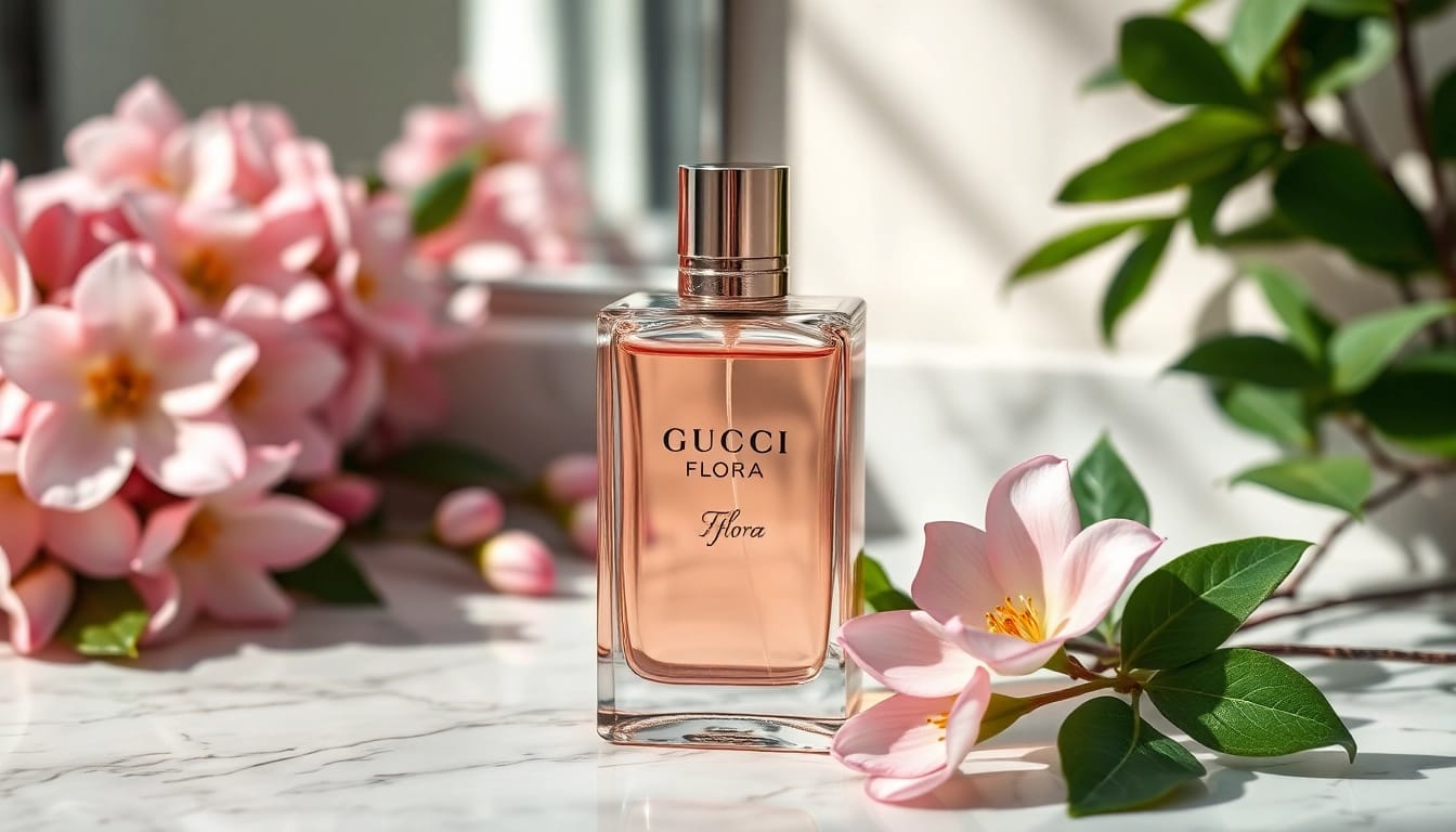 Admire the beautifully designed Gucci Flora perfume bottle amidst jasmine blooms and greenery.