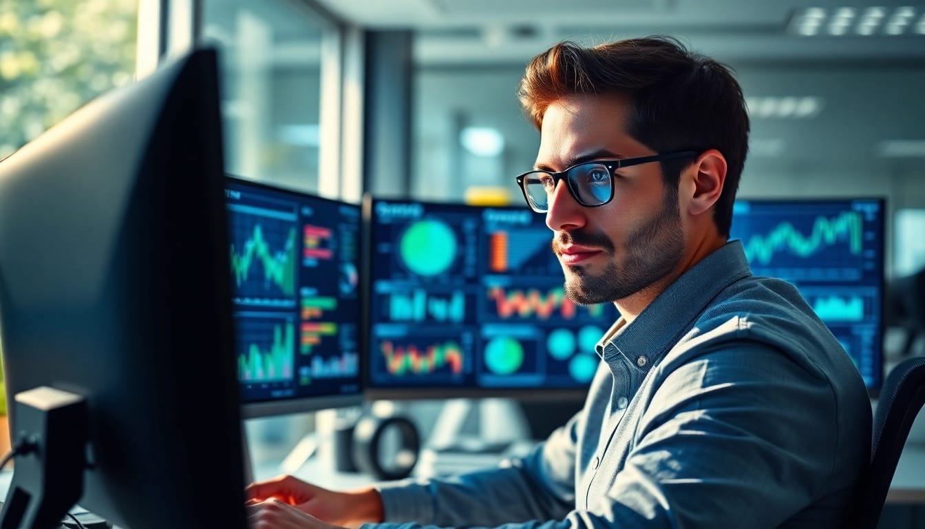Data analyst using AI for competitor analysis in a modern office environment.