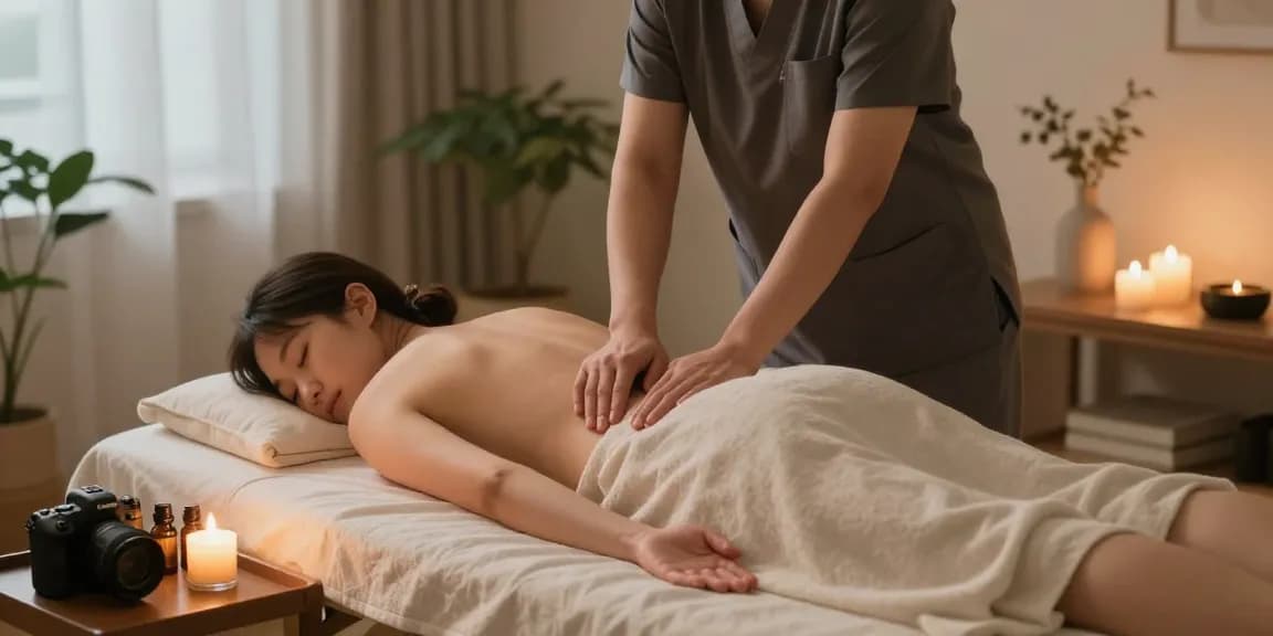 문정동출장마사지로 편안하게 힐링하는 모습, 아로마 오일과 촛불로 아늑한 분위기 조성