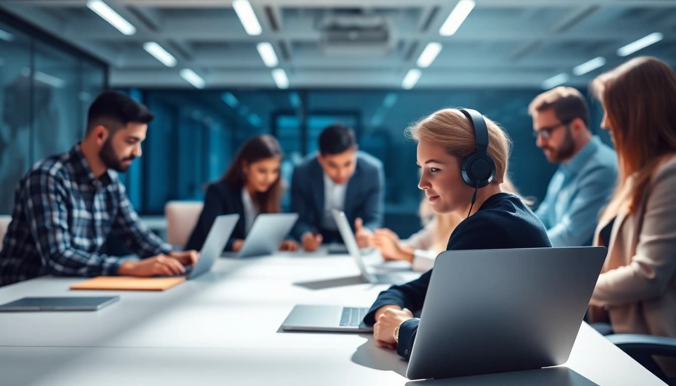 Engaging scene of an enterprise assistant enhancing teamwork in a modern office environment.