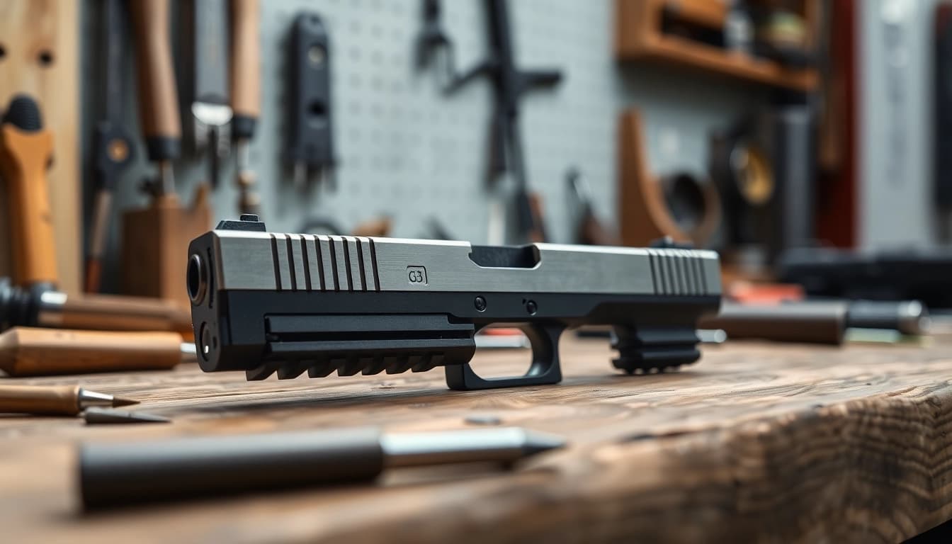 Buy Glock 19 Gen 3 slide showcasing intricate design details on a wooden workbench.