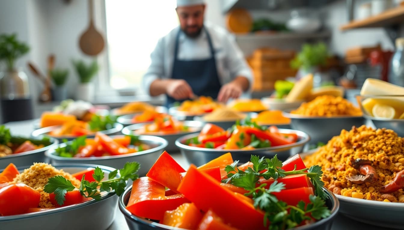 Discover engaging dish facts through vibrant cooking scene with fresh ingredients.