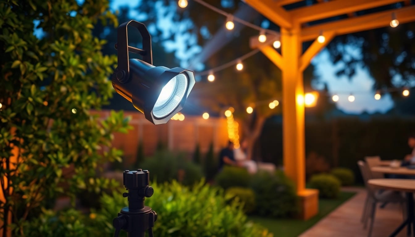 Led straler verlicht een tuin met een krachtige stralenbundel.