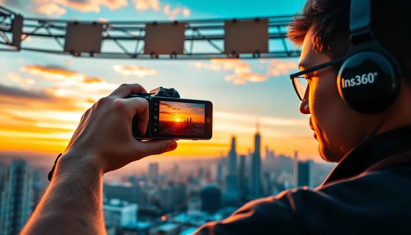 Capture stunning moments with Insta360 X5 in an urban sunset setting.