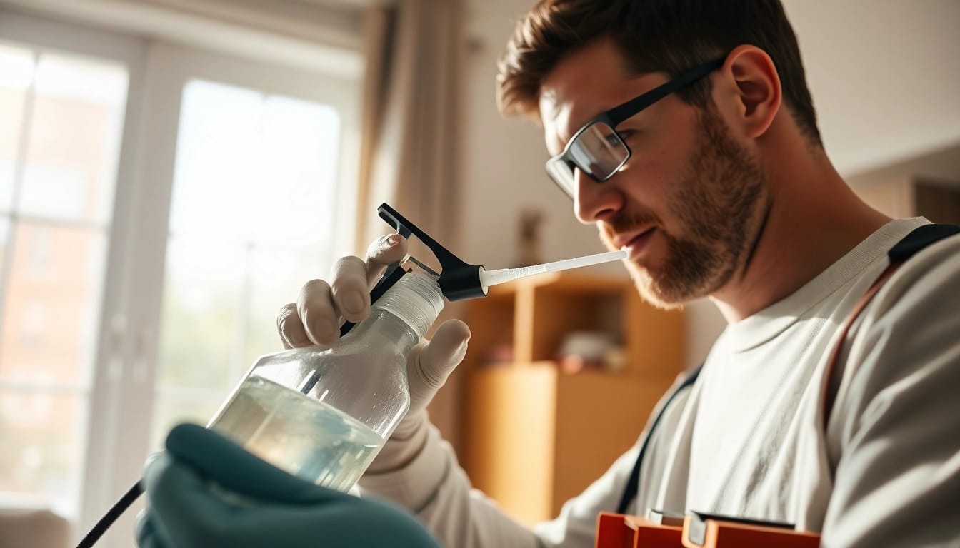 Apply odorless insect treatment by a professional pest control technician in a clean home.