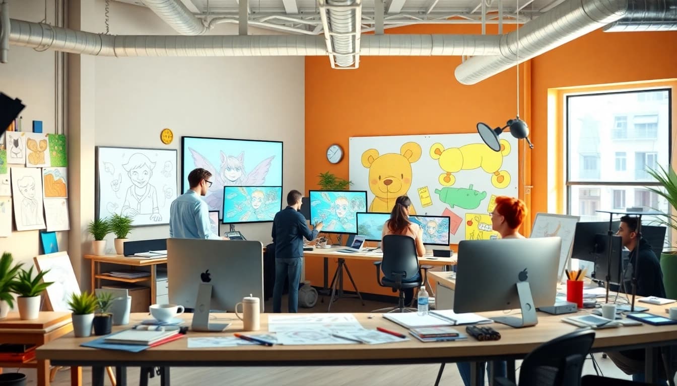 Animationsstudio mit kreativen Designern in einem Arbeitsbereich, der lebendige Farben und Synchronisation zeigt.