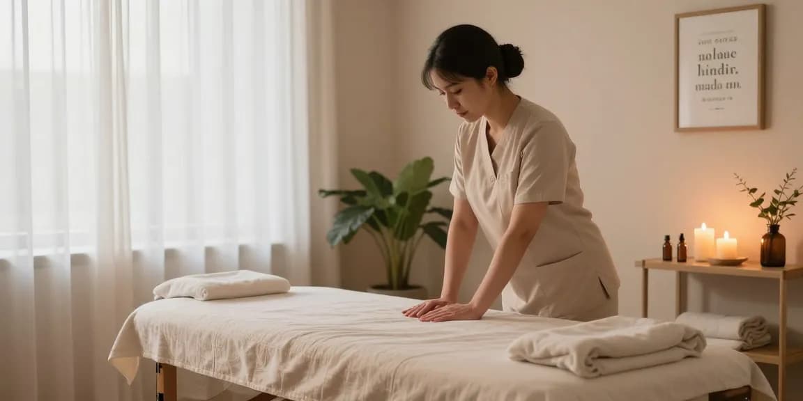 Relaxation and wellness scene at https://www.makangs.com/, featuring a massage therapist preparing for a Swedish massage session.