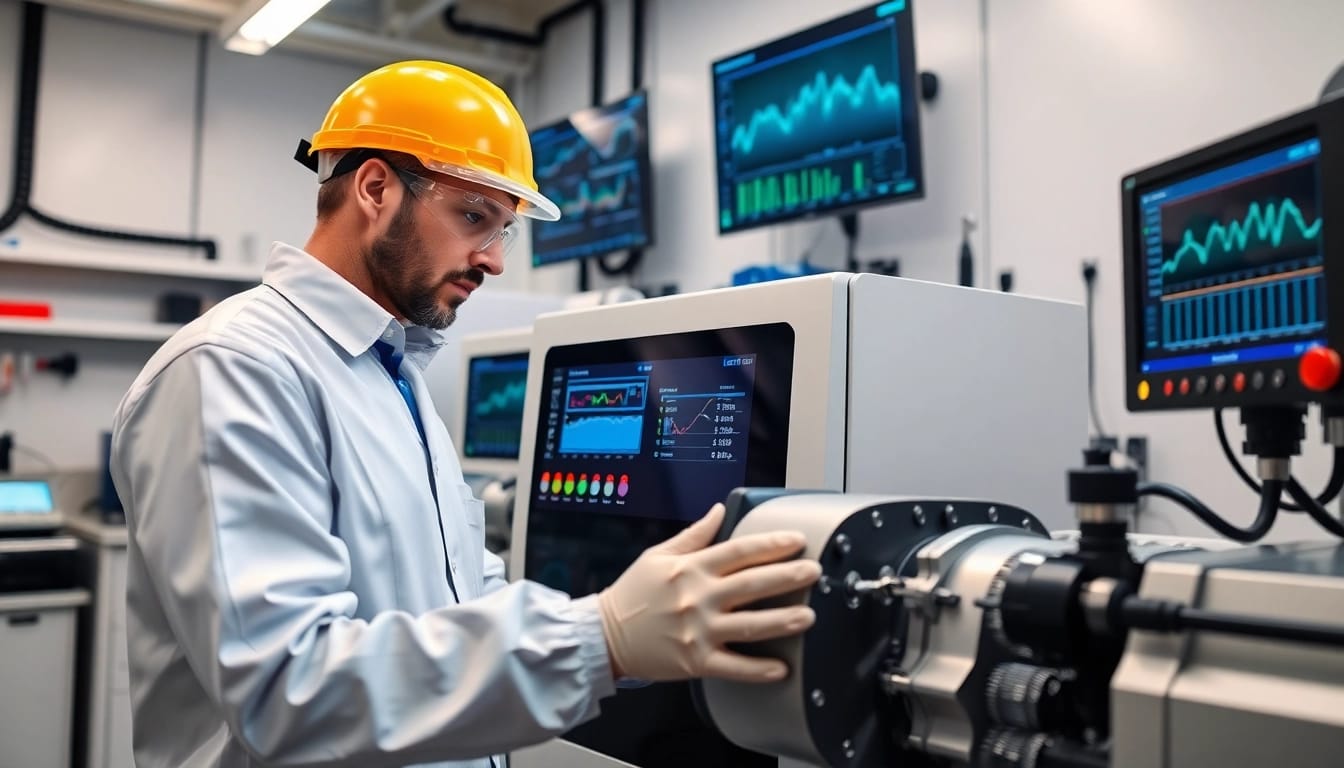 Technician adjusting the das 140 machine in a modern laboratory setting.