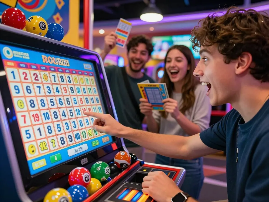 Exciting scene of players engaged in xổ số hubet88 lottery game with colorful lottery balls and digital ticket displays.
