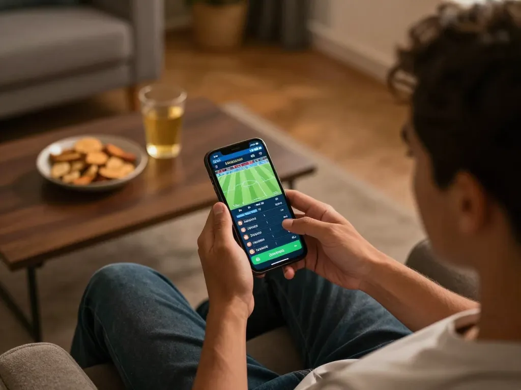 Kèo nhà cái: Engaging online sports betting on smartphone in cozy home setting.