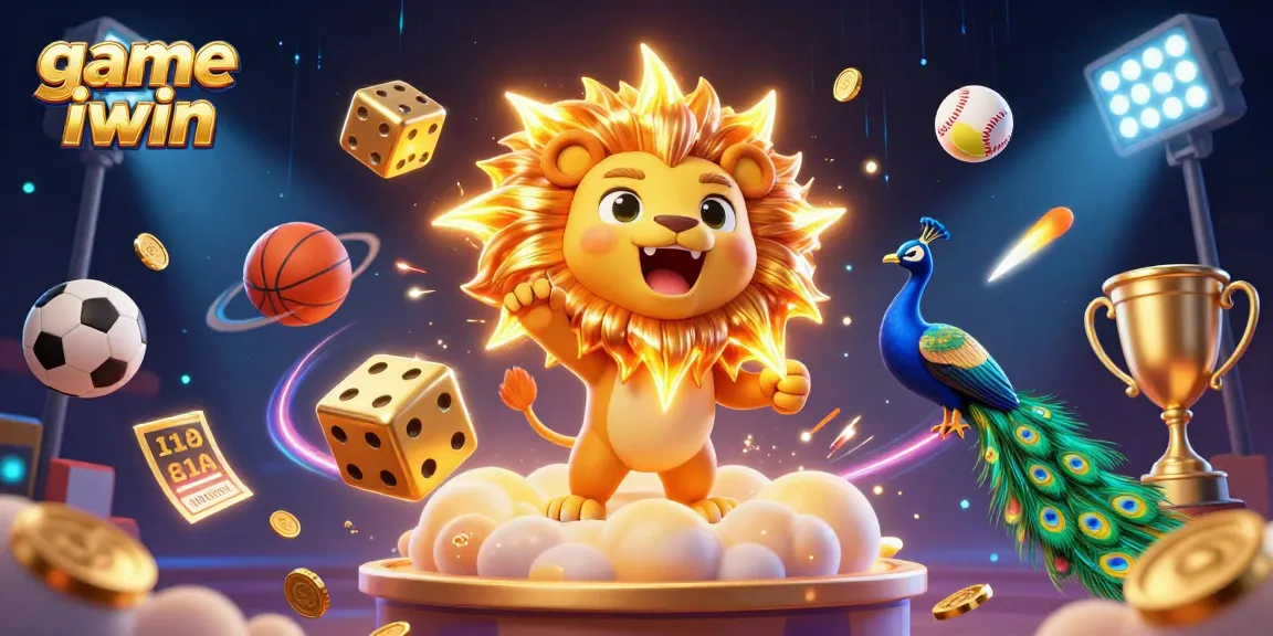 Play game iwin with vibrant casino elements featuring a roaring sun lion and dynamic sports balls.